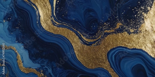 Flowing Elegant Acrylic Pour Wallpaper in Beautiful Navy Blue colors. Paint texture with Gold Glitter.