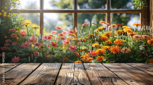 Wood table top on blur of window with garden flower background © CLOVER BACKGROUND