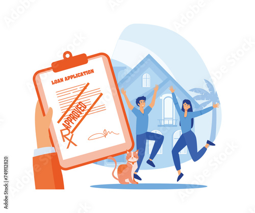 Approved Loan concept. Hand holds loan approval application paper sheets document. Mortgage or credit form with stamp approved and happy person jumping behind. flat vector modern illustration