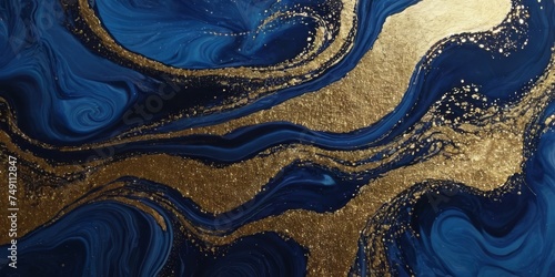 Flowing Elegant Acrylic Pour Wallpaper in Beautiful Navy Blue colors. Paint texture with Gold Glitter.