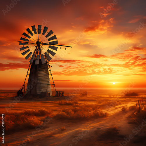 Rustic windmill against a golden sunset. © Cao