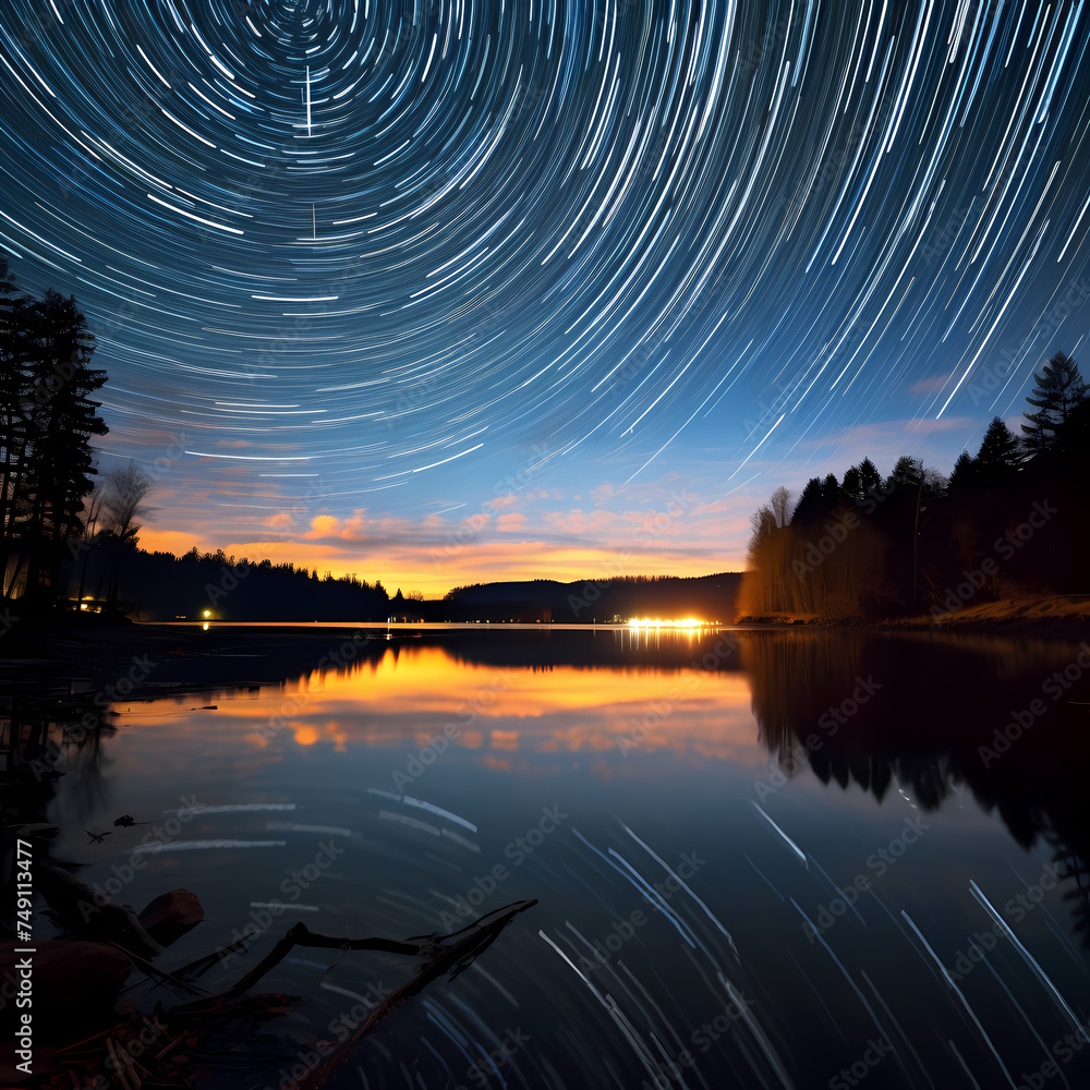 Star trails over a calm lake.