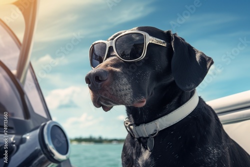 Portrait of a black dog with sunglasses on the background of a speed boat © Obsidian