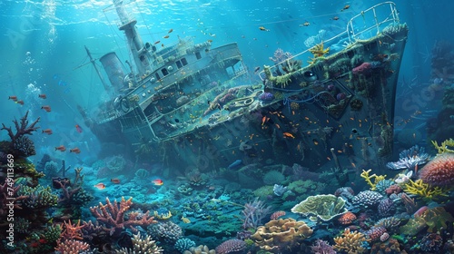 Coral reefs and sunken ships an underwater mosaic of life and history intertwined photo