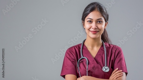 Confident smart young female Sri Lankan doctor in maroon scrubs and stethoscope on grey background