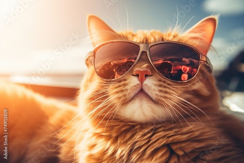 Cute ginger cat in sunglasses tanning in sun