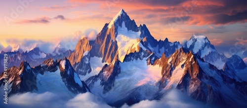 A painting depicting a majestic mountain range with clouds in the foreground. The towering peaks of the Mont Blanc and the Alps are glistening in the sunlight, showcasing their grandeur.