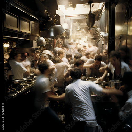 The chaos of a busy kitchen during dinner rush.