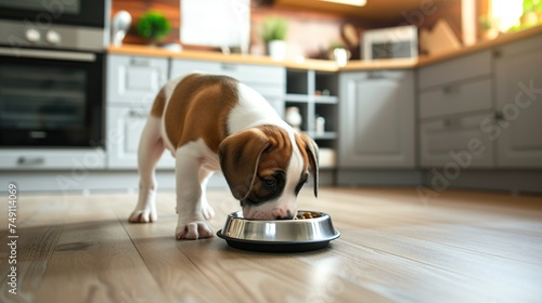 Cute dog eating food from bowl on wooden floor, closeup