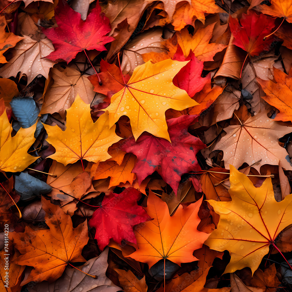 Vibrant autumn leaves on a forest floor.