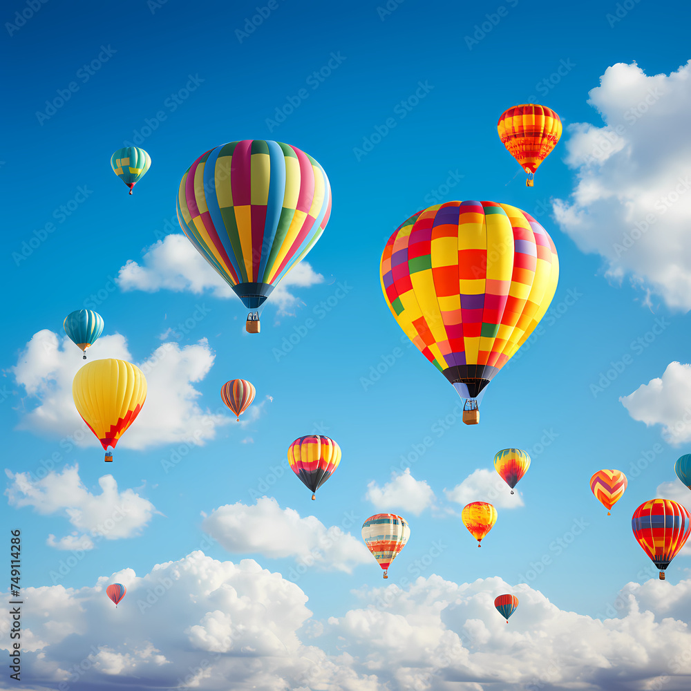 Vibrant hot air balloons against a clear blue sky.