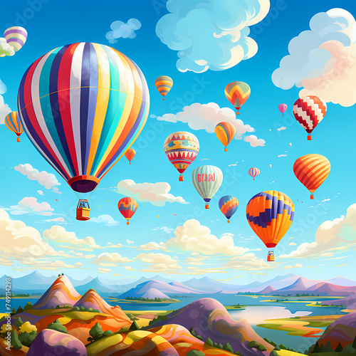 Vibrant hot air balloons against a clear blue sky.