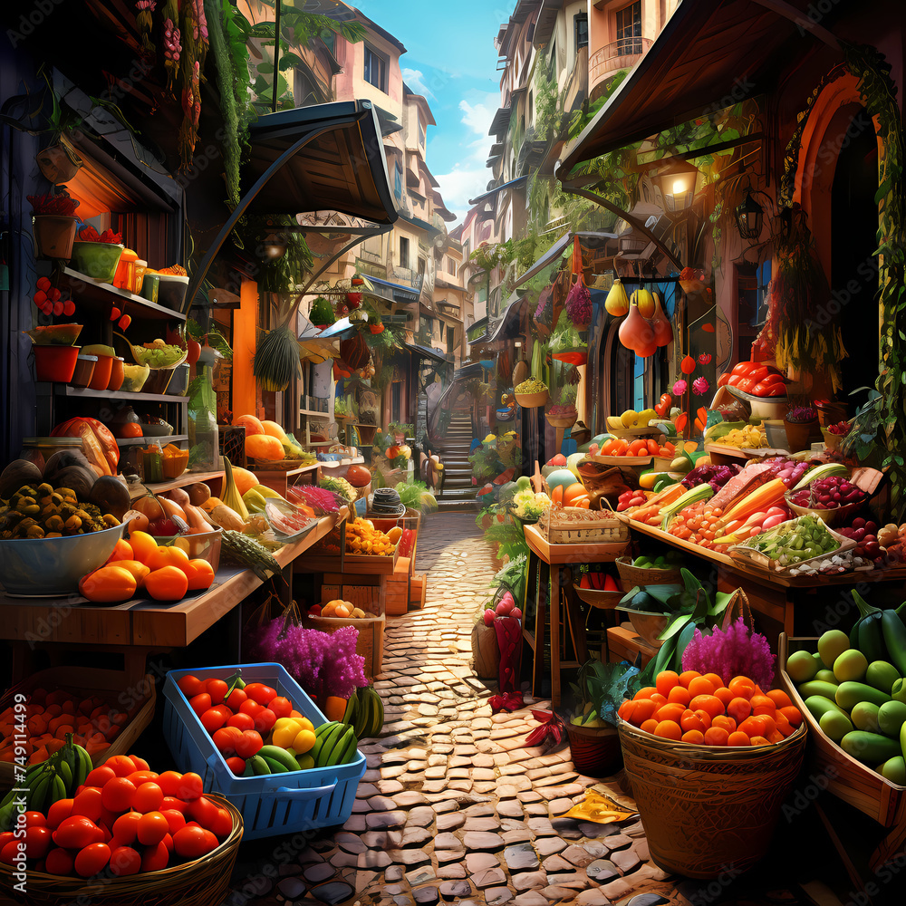 Vibrant street market with exotic fruits and spices
