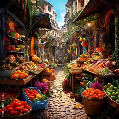 Vibrant street market with exotic fruits and spices © Cao