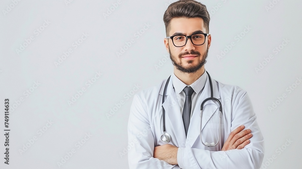 Handsome young male doctor in white coat and folded arms stethoscope on a white background Handsome young male doctor in white coat and folded arms stethoscope on a white background