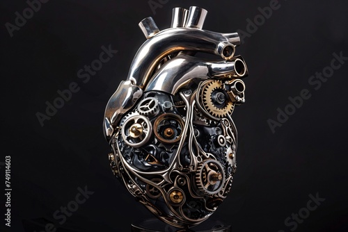 Mechanical heart precision engineered with titanium gears and synthetic valves pulsating with artificial life