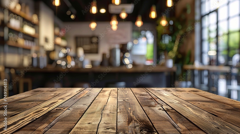 Wooden board empty table Top and Blur Interior over blur in coffee shop Background, mock-up for display of product Wooden board empty table Top and Blur Interior over blur in coffee shop Background, mock-up for display of product