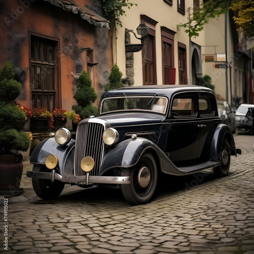 Vintage car parked on a cobblestone street. © Cao