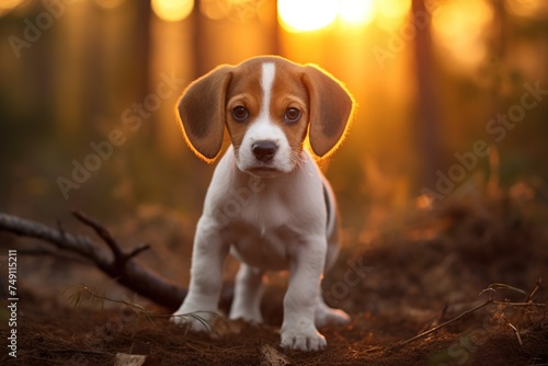 Cute beagle puppy in the forest at sunset. Beautiful dog. © Obsidian