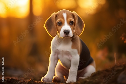 Beagle puppy sitting on the ground in autumn forest at sunset. © Obsidian