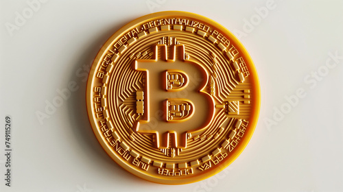 A plastic Bitcoin token on a white background.