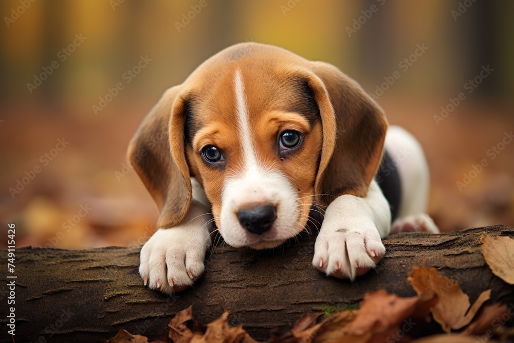 Portrait of a cute beagle puppy in the autumn forest.