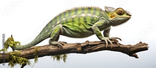 A large Jacksons Chameleon, Chamaeleo jacksonii merumontanus, sits on top of a tree branch. The reptile is shedding its skin against a white backdrop, showcasing its unique features.