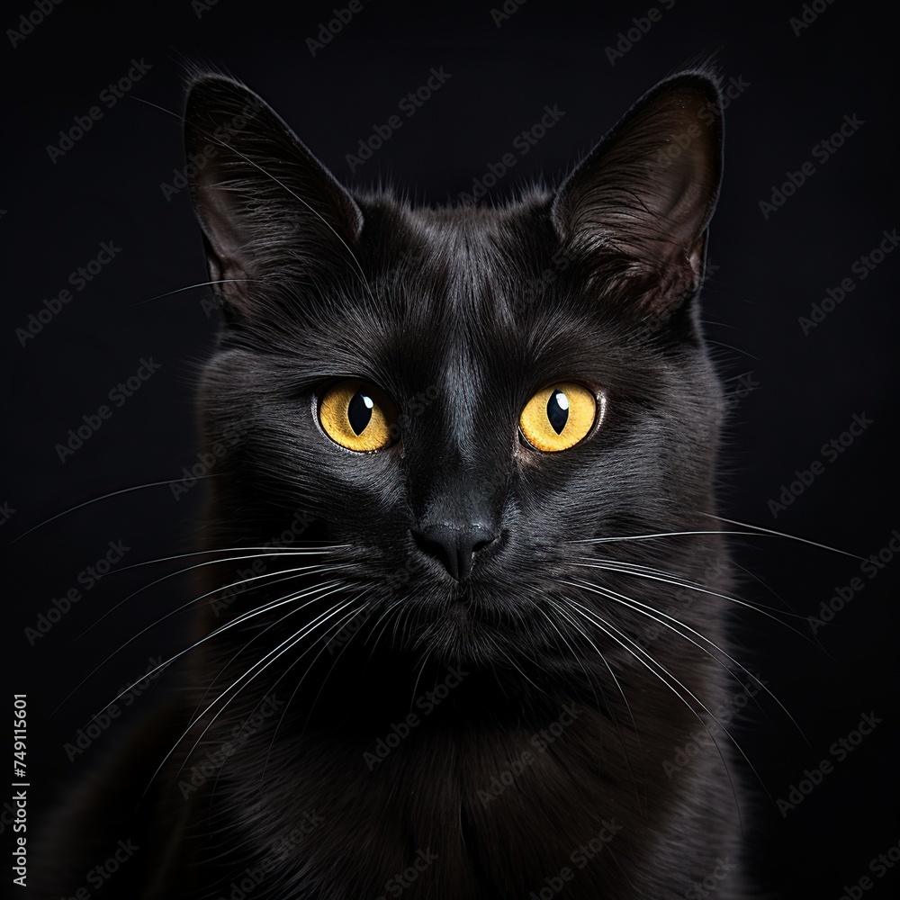 Portrait of a black cat with yellow eyes on a black background