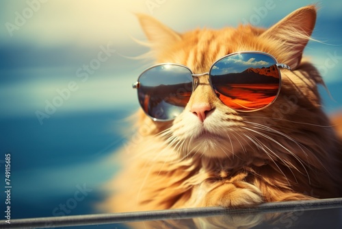 Portrait of a beautiful ginger cat with sunglasses on the sea background