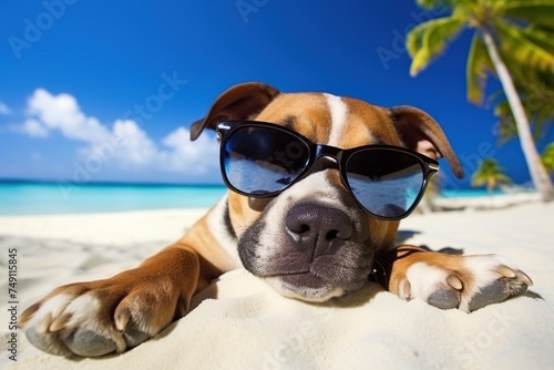 American Staffordshire Terrier dog in sunglasses lying on a tropical beach
