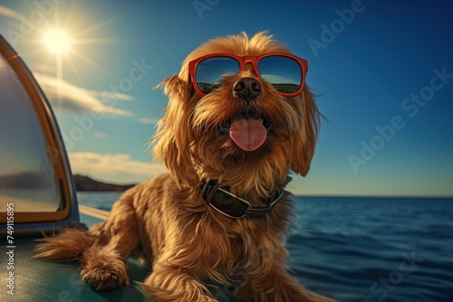 Cute dog in sunglasses on the background of the sea and sky.