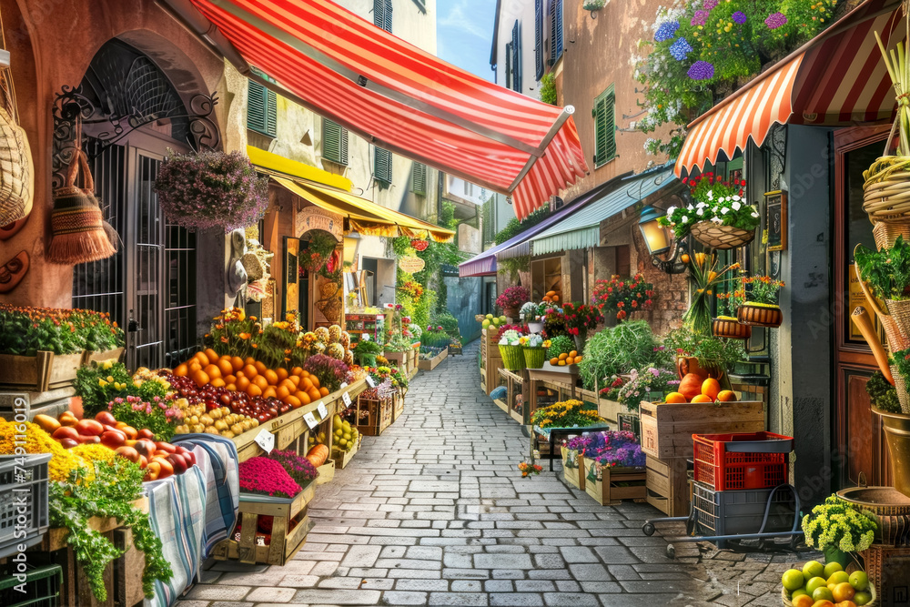 Vibrant Marketplace: Bustling Street with Colorful Fresh Produce and Artisan Goods - obrazy, fototapety, plakaty 