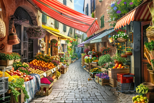 Vibrant Marketplace: Bustling Street with Colorful Fresh Produce and Artisan Goods