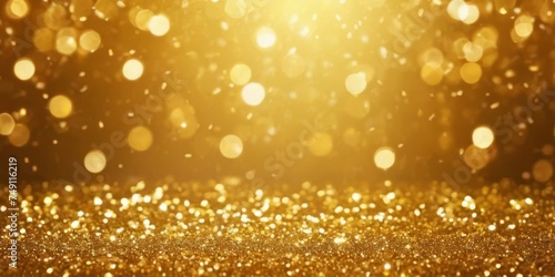 Gold bokeh light background, Christmas glowing bokeh confetti and sparkle texture overlay for your design. Sparkling gold dust abstract golden luxury decoration background