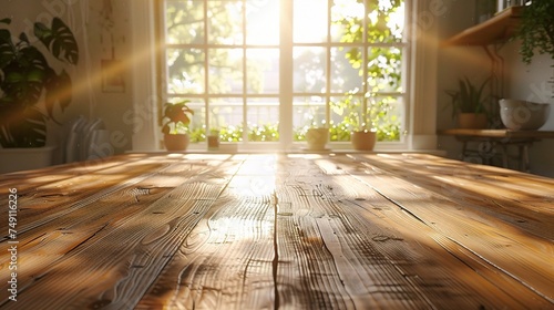 Wooden table in sunny office with big windows