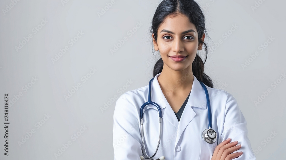 Smart young female Indian doctor with stethoscope in white coat on a light grey background Smart young female Indian doctor with stethoscope in white coat on a light grey background