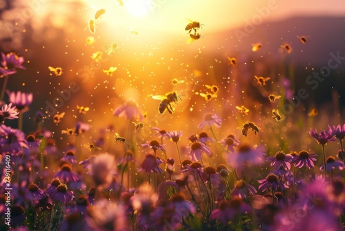 Flying honey bee collecting pollen at yellow flower. Bee flying over the yellow flower in blur background ,detail of honeybee in Latin Apis Mellifera, european or western honey bee sitting