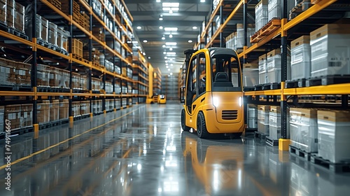 Automated Forklift loading packed goods in huge distribution warehouse