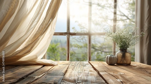 Wooden table on defocuced window with curtain background. © INK ART BACKGROUND
