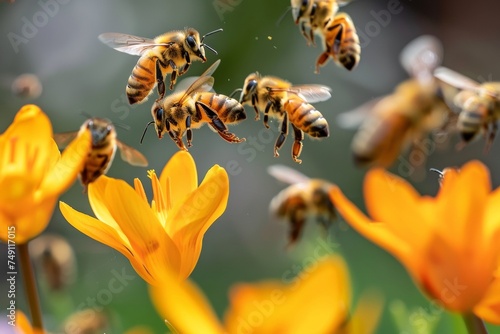 Flying honey bee collecting pollen at yellow flower. Bee flying over the yellow flower in blur background ,detail of honeybee in Latin Apis Mellifera, european or western honey bee sitting © Sittipol 