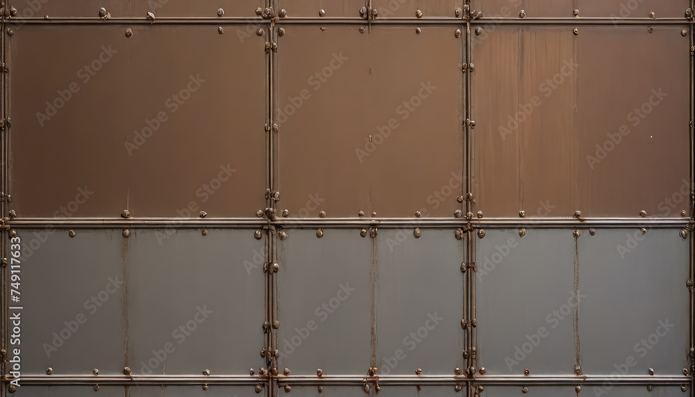Naklejka premium metal wall with plate or metal wall with texture or old metal with rivets or old metal gate or old metal or metal grid pattern or metal grid background or iron plate connection or rusty plate