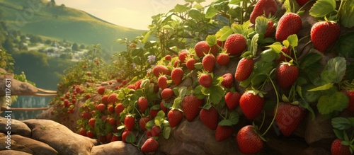A cluster of ripe strawberries can be seen thriving on the rugged slope of a mountain, showcasing the resilience of nature in challenging terrains. photo