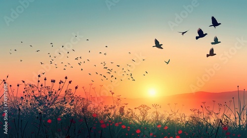 World environment day concept: Silhouette birds flying on meadow autumn sunrise landscape background
