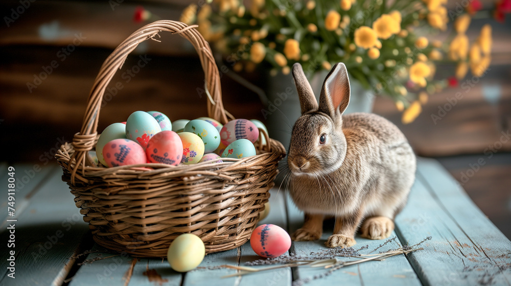 Easter colorful eggs in a wicker basket and a bunny on a wooden table Easter colorful eggs in a wicker basket and a bunny on a wooden table