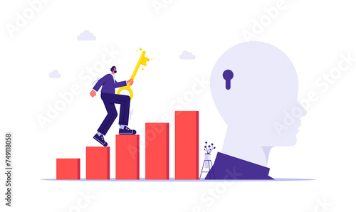 Unlock new skill concept, skill improvement and development, businessman with big key and key hole on head symbol