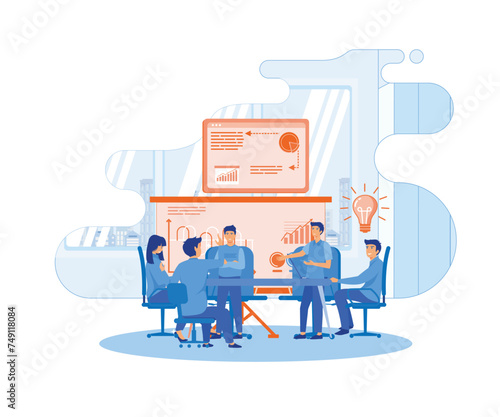 Business Meeting concept. Corporate business team having a meeting in a virtual office room digital workspace, remote work and teamwork concept. flat vector modern illustration