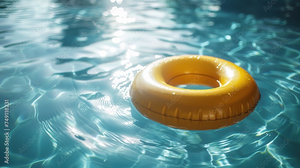 Yellow pool float, ring floating in a refreshing blue swimming pool Yellow pool float, ring floating in a refreshing blue swimming pool