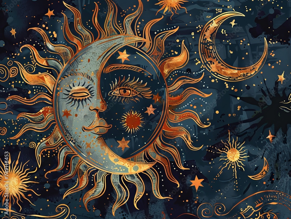 Create a whimsical interpretation of the sun and moon in a bohemian aesthetic