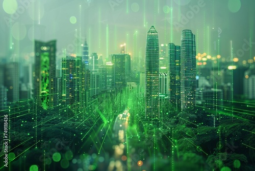 Smart city concept with eco-friendly tech solutions like IoT connected public services, energy-efficient buildings, and clean transport, digital overlay on urban landscape future city