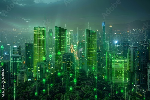 Smart city concept with eco-friendly tech solutions like IoT connected public services  energy-efficient buildings  and clean transport  digital overlay on urban landscape future city